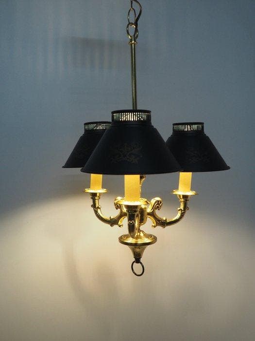 Plafondlamp - Bouilotte - Messing - Drie-licht kroonluchter, Antiek en Kunst, Curiosa en Brocante