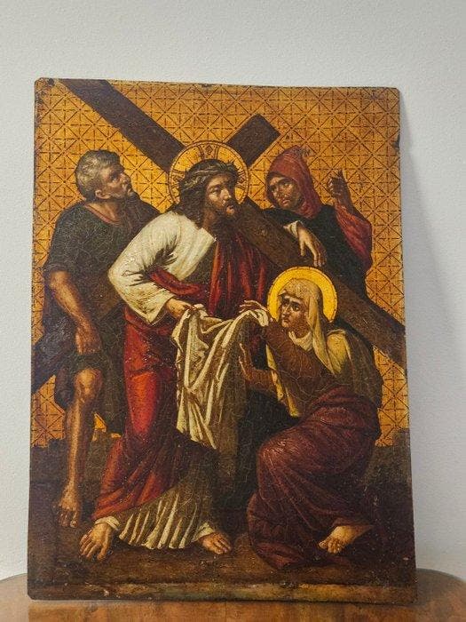 Antiek religieus paneel – 6e Kruiswegstatie (Veronica) - 35, Antiek en Kunst, Kunst | Niet-Westerse kunst
