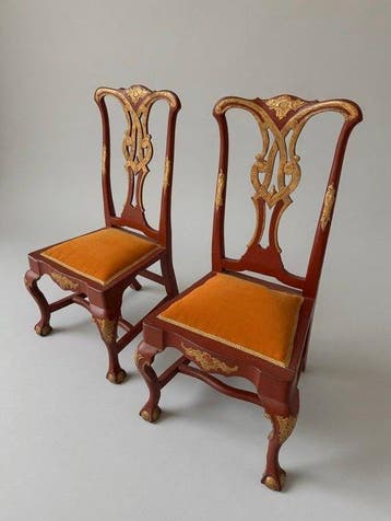Stoel - Paar Spaanse stoelen uit de 19e eeuw, rood en goud