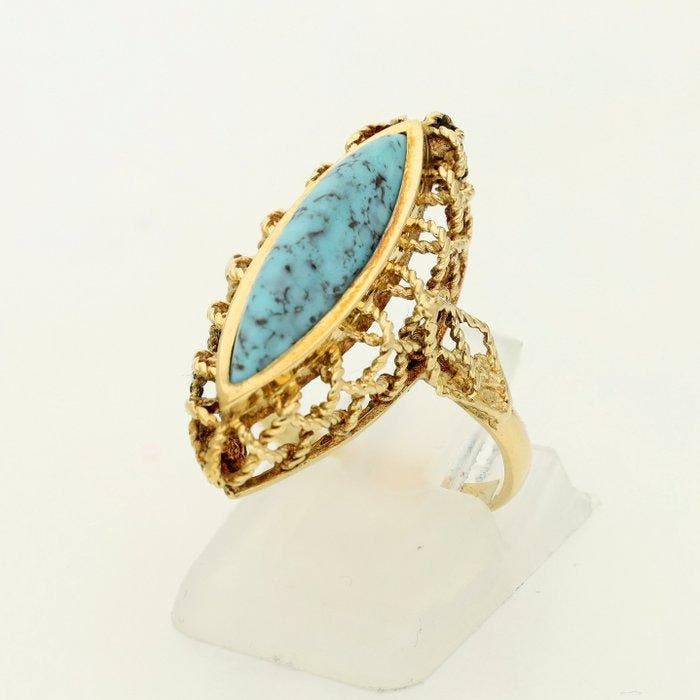 Bague - 18 carats Or jaune - 5.52ct. tw. Turquoise, Handtassen en Accessoires, Ringen