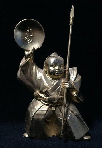 Shuun Makino - 24KGP Gold Plated Samurai Boy Warrior Statue, Antiek en Kunst