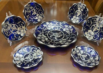 Tafelservies voor 6 (7) - kobaltblauw glas met een zilveren, Antiek en Kunst
