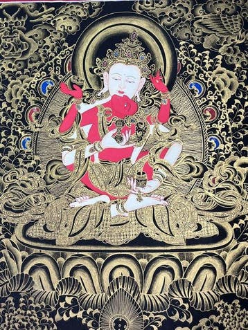 Vajrasattva en union - Thangka noir doré - Coton - 2000-2010, Antiquités & Art