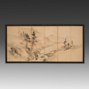 Vouwscherm met landschap in Nanga-stijl - Papier, gelakt