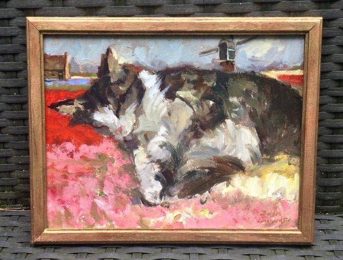 Borgen Lindhardt (1974) - Bollenveld katje, Antiquités & Art, Art | Peinture | Classique