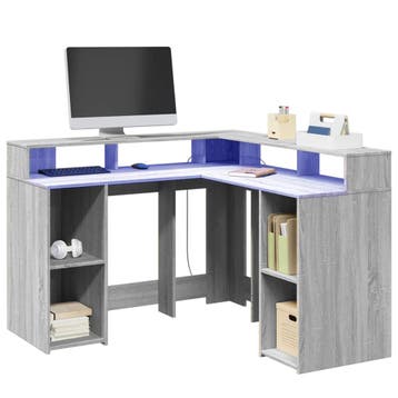 vidaXL Bureau met LED-verlichting 130x130x91 cm hout grijs, Verzenden, Nieuw
