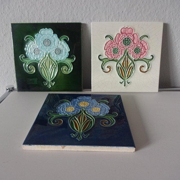 Art Nouveau Tegel (3) - Bloemen - Hemiksem - Art Nouveau -, Antiquités & Art, Antiquités | Verre & Cristal