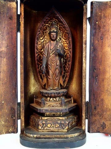 Antique Japanese Wooden Zushi Shrine Enshrining Standing