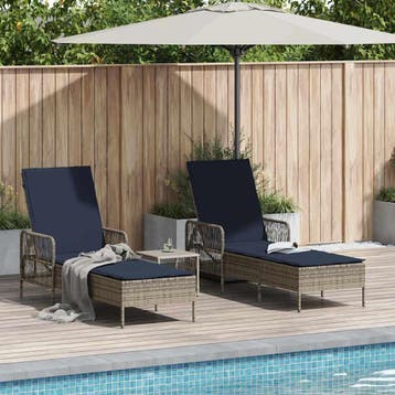vidaXL Ligstoel 3 st poly rattan Grijs en Marineblauw, Verzenden, Nieuw