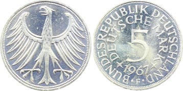 5 Mark Duitsland 5 duitse Mark 1967 F stgl Erstabschlag J..., Verzenden