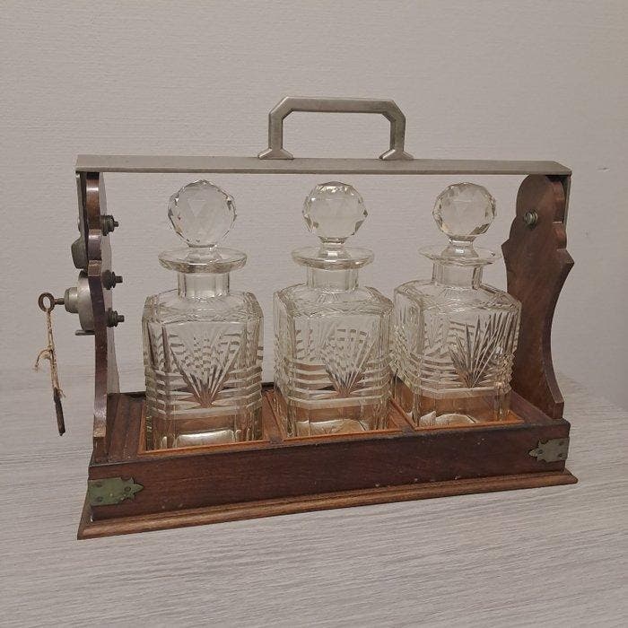 Drankkast - Eik, Glas, Messing - victoriaanse tantalus, Antiek en Kunst, Curiosa en Brocante