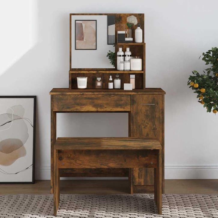 vidaXL Kaptafel met spiegel 86,5x35x136 cm gerookt, Maison & Meubles, Tables | Coiffeuses, Envoi