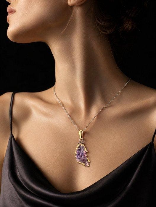 Statement Amethist Hanger - 925 Sterlingzilver met Gouden, Verzamelen, Mineralen en Fossielen