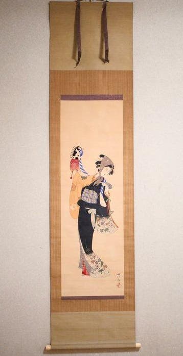Kakemono japonais représentant une belle femme en kimono