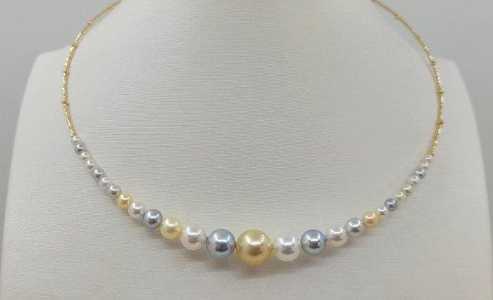 Halsketting - 18 karaat Geel goud - 3×10 mm Akoya parels, Handtassen en Accessoires, Kettingen