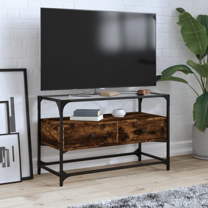 vidaXL Tv-meubel met glazen blad 80x35x51 cm hout gerookt, Huis en Inrichting, Kasten |Televisiemeubels, Nieuw, Verzenden