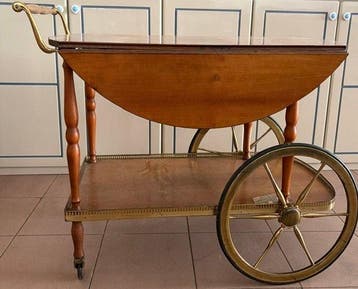 Chariot de service - Laiton doré, Noyer - chariot de service, Antiquités & Art
