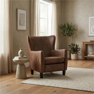 Leren fauteuil Hug - Vintage Brown (bruin) - Poten hout, Nieuw, Ophalen of Verzenden, 75 tot 100 cm, Eigentijds, Klassiek, Retro, Romantisch