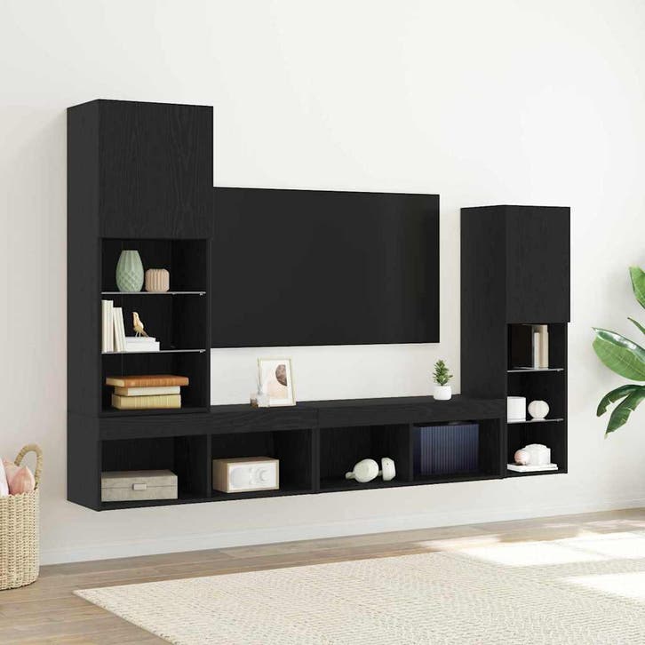 vidaXL TV Kast met LED -striplichten 4 pcs Zwart eiken, Huis en Inrichting, Kasten |Televisiemeubels, Nieuw, Verzenden