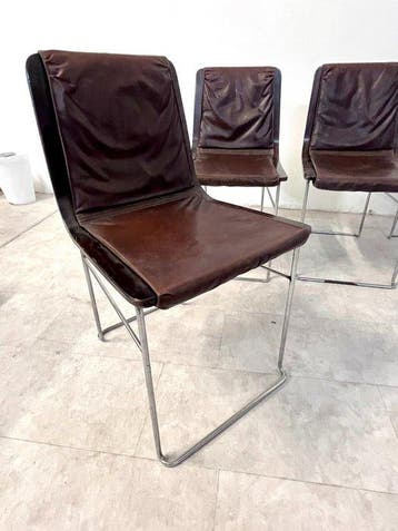 Chaise - Acier, Cuir, Bois - Ensemble de six chaises avec