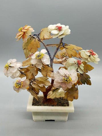 Chinesischer Perlmutt Bonsai-Baum auf Marmorsockel - Figuur
