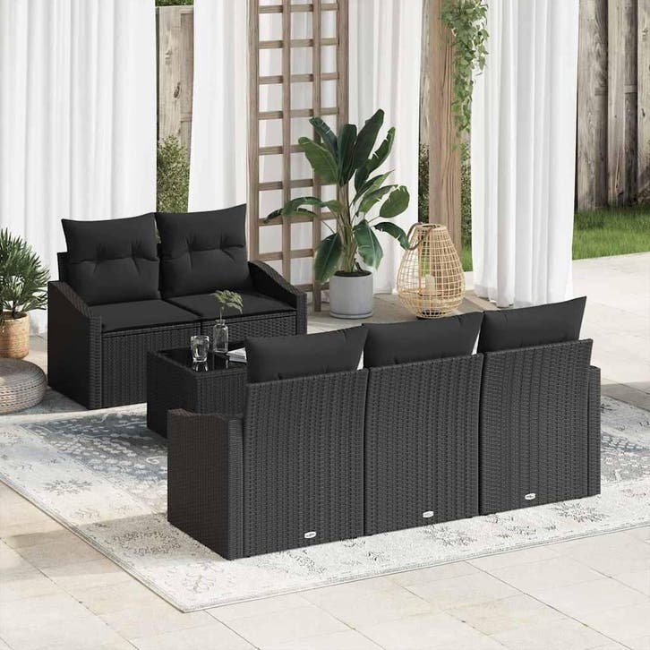 vidaXL Bankstel met kussen met opslag 6 pcs Zwart poly, Tuin en Terras, Tuinsets en Loungesets, Nieuw, Verzenden