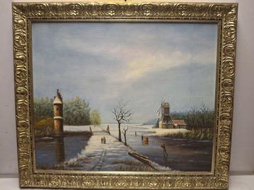 L. Martin (XX) - Winterlandschap met windmolen en toren, Antiquités & Art