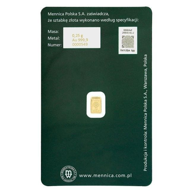 0.25 gram - Goud .999 - .9999 Fine Gold Bar Mint of Poland, Postzegels en Munten, Edelmetalen en Baren