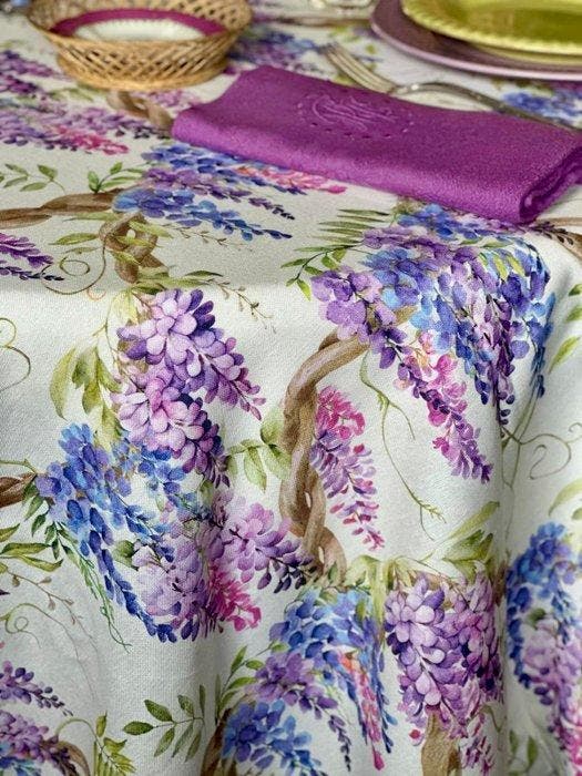 Veelkleurig tafellaken met bougainvillea-print voor grote, Antiek en Kunst, Antiek | Tapijten, Tafelkleden en Textiel