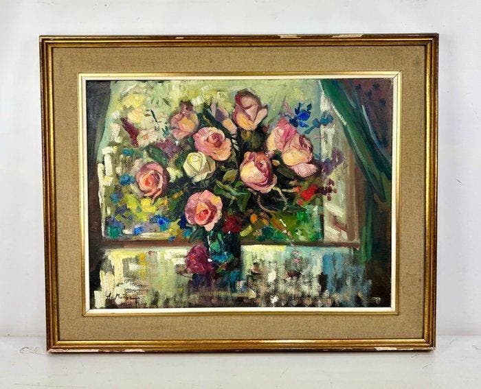 Alberto Muñoz Boquera (1925) - Jarrón con rosas, Antiquités & Art, Art | Peinture | Classique
