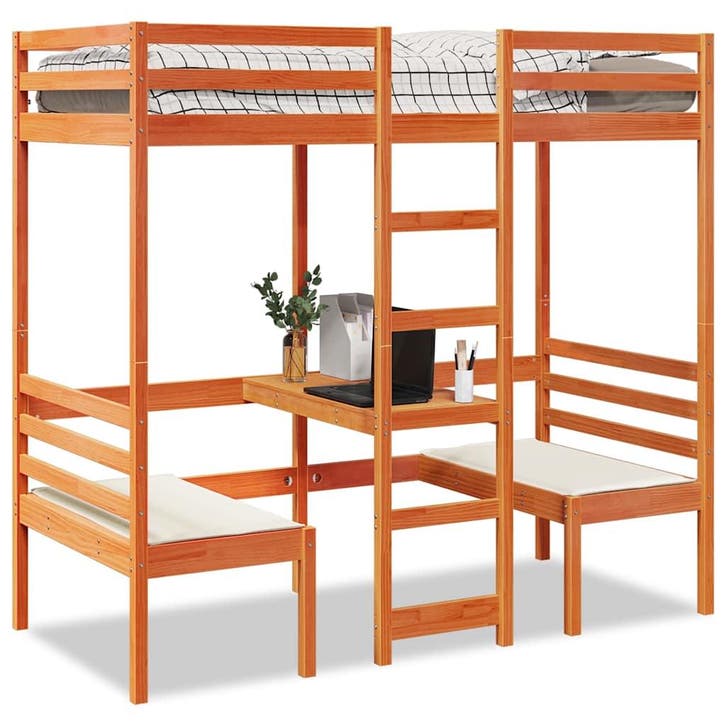 vidaXL Hoogslaper met bureau en stoelen grenenhout wasbruin, Maison & Meubles, Chambre à coucher | Lits, Envoi