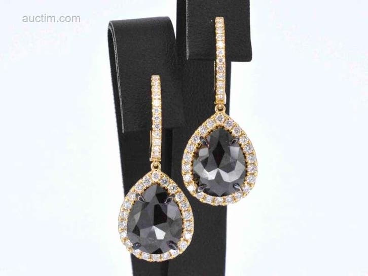 Gouden oorbellen met zwarte diamant en briljanten., Handtassen en Accessoires, Overige Accessoires, Ophalen