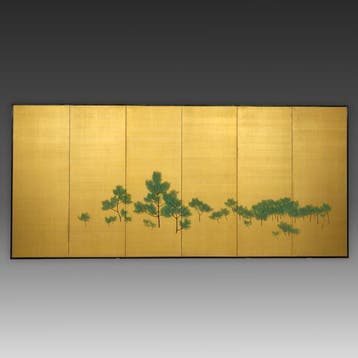 Byôbu  (vouwscherm) - Papier, Gouden zijde, gelakt hout,