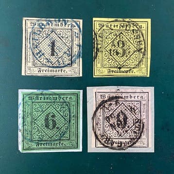 Württemberg 1851/1868 - Eerste vier zegels - Michel 1/4, Postzegels en Munten, Gestempeld