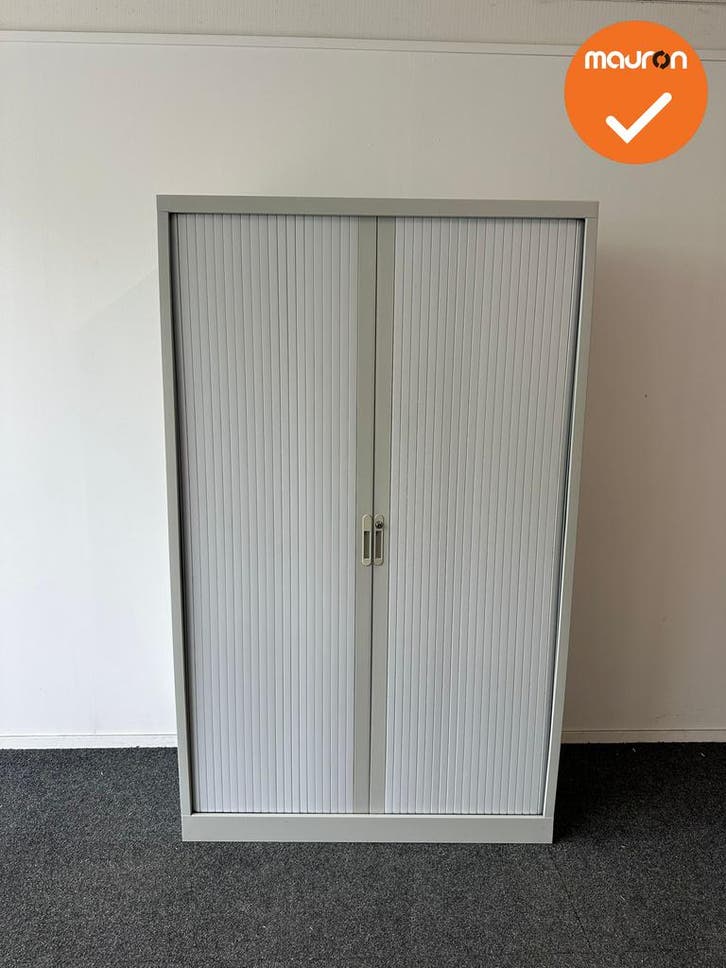 Roldeurkast - 198x122x45cm - Beige met witgrijze ribbel deur, Zakelijke goederen, Kantoor en Winkelinrichting | Kantoormeubilair en Inrichting