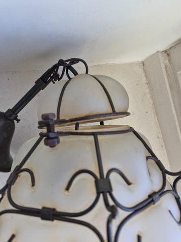 Lampe à suspendre - Fer forgé - Suspension en verre soufflé