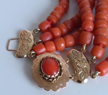 Chaîne - 14 carats Or jaune - corail rouge