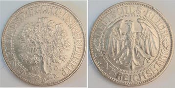 Duitsland 5 Reichsmark 1930 D Eichbaum vz/stgl kl Randfeh..., Verzenden