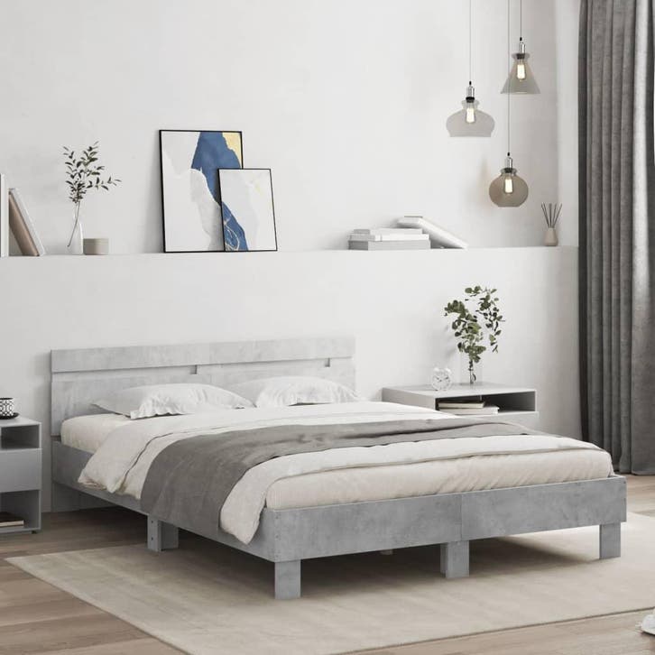 vidaXL Bedframe met hoofdeinde bewerkt hout betongrijs, Huis en Inrichting, Slaapkamer | Bedden, Nieuw, Verzenden
