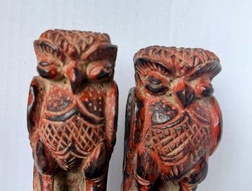 Uniek Paar Vintage Handgesneden Uilen met Verborgen