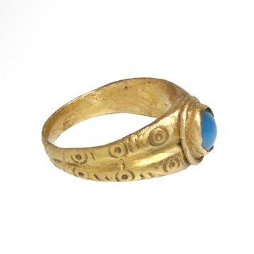 Middeleeuws Goud, turkoois Versierde ring, Antiek en Kunst