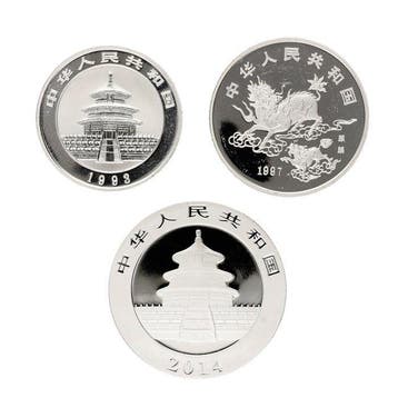 China. 5 & 10 Yuan 1993/2014 - Pandas & Unicorn (3 stuks)