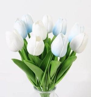 Tulpen lichtblauw wit real touch foam 33 cm bundel ca. 10, Huis en Inrichting, Woonaccessoires | Kunstplanten en Kunstbloemen