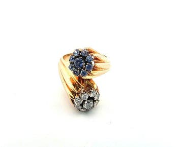 Bague - 18 carats Or jaune Saphir - Diamant