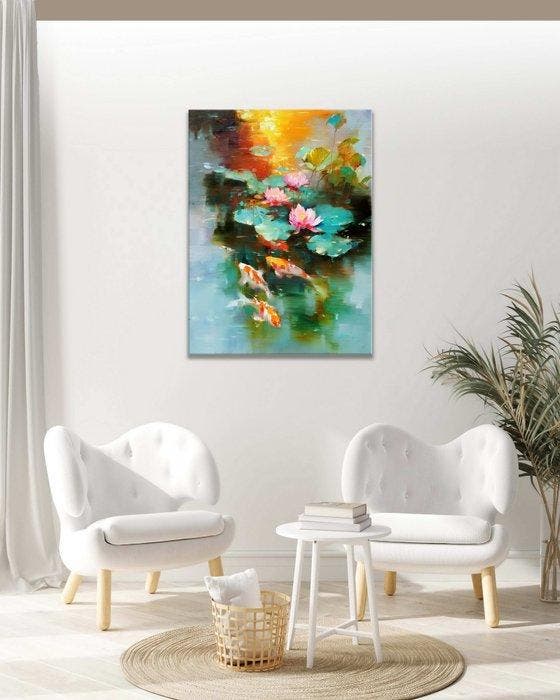 Clelia - Koi at Lotus Dusk, Antiek en Kunst, Kunst | Schilderijen | Modern