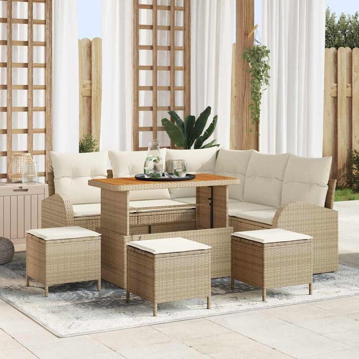 vidaXL Tuinbank Set met kussen 9 pcs Beige poly rattan, Tuin en Terras, Tuinsets en Loungesets, Nieuw, Verzenden