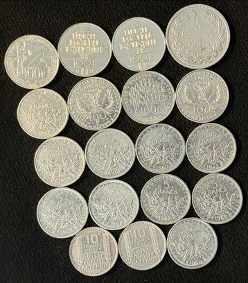 France. Lot de 19 monnaies en argent, 1831/1988