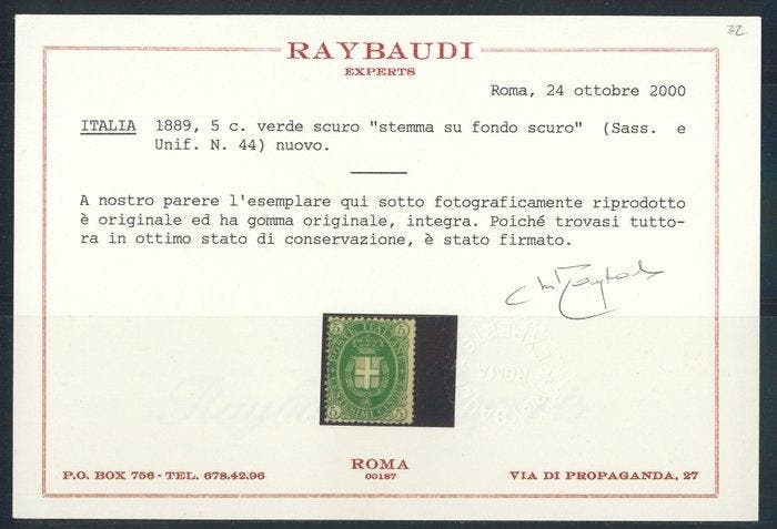 Koninkrijk Italië - Wapen, 5 c. donkergroen nr. 44., Postzegels en Munten, Postzegels | Europa | Italië