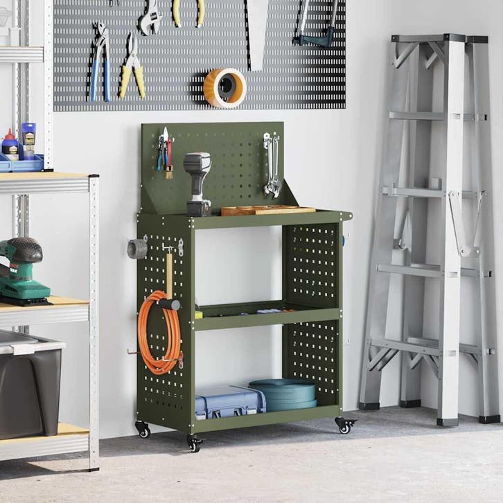 vidaXL Gereedschapswagen met plank Olijf Groen 65 x 35 x 111, Bricolage & Construction, Boîtes à outils, Envoi