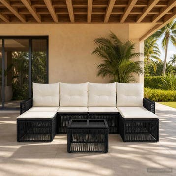 vidaXL Tuinbank Set 7 st Zwart en Crème Wit poly rattan, Verzenden